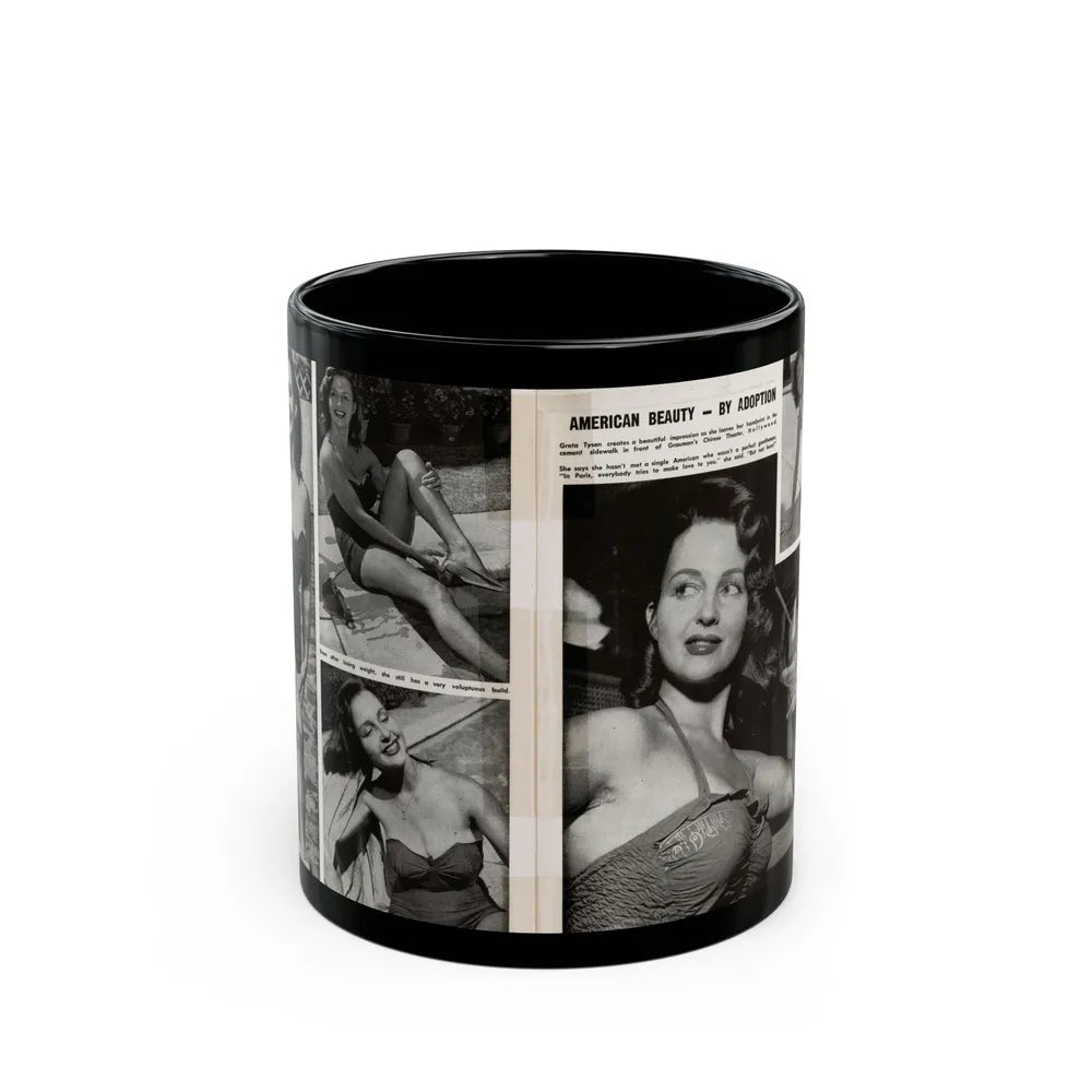 Greta Thyssen #17 - American Beauties Mag. '53 - 2 Pages with, 5 B&W Photos (Vintage Female Icon) Black Coffee Mug-11oz-Go Mug Yourself