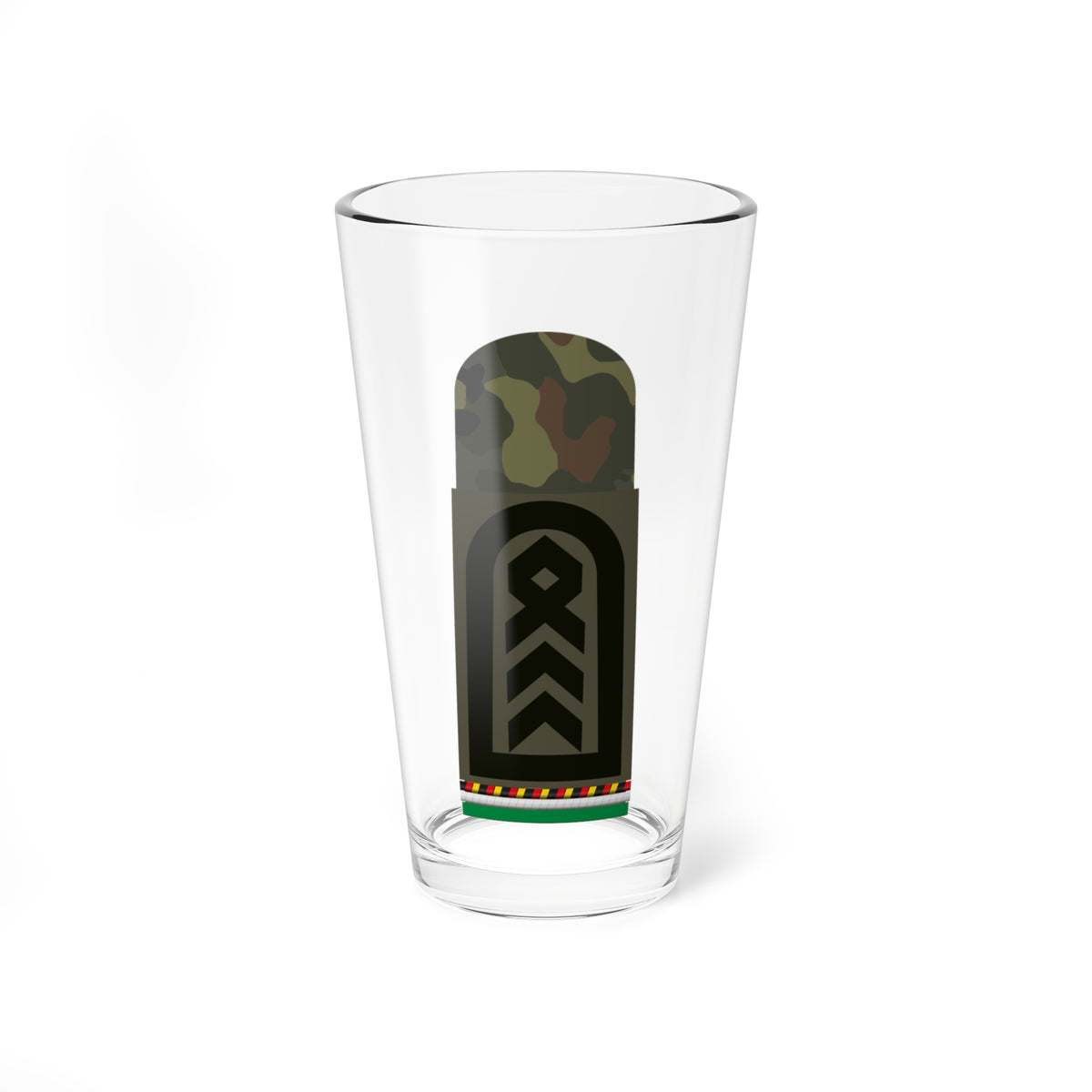 Olive military shoulder board with a black arched panel holding three chevrons and a diamond under camouflage.