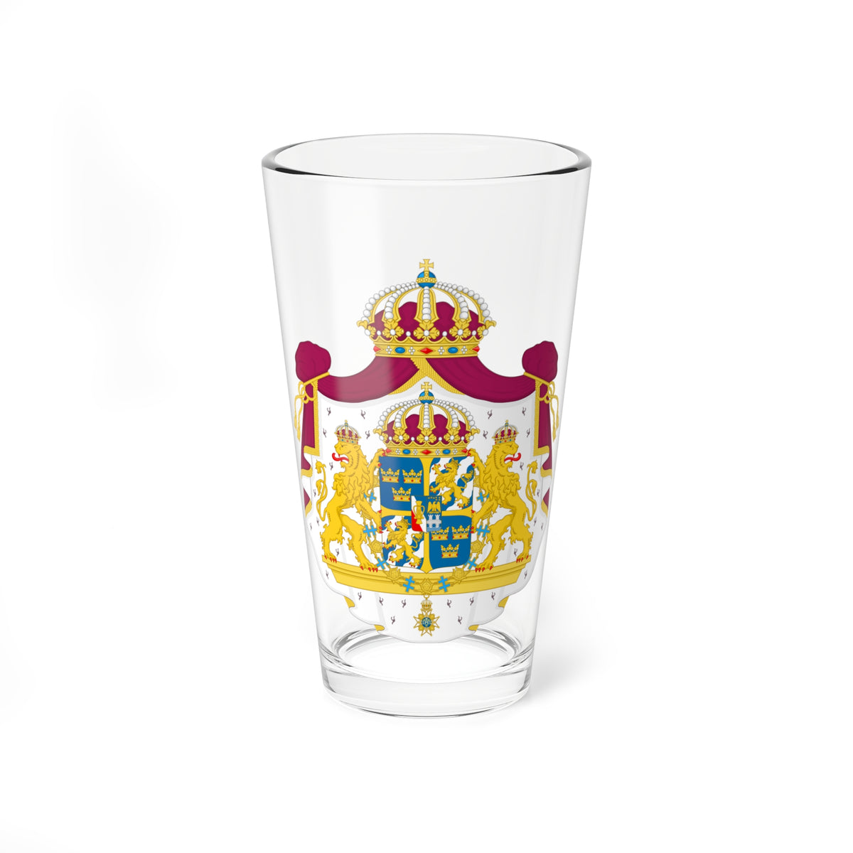 Royal coat of arms with a pearled crown, crimson mantling, gold lions and a blue shield with three crowns.