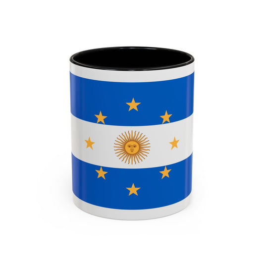 Blue and white horizontal flag with a gold sun face at its centre and eight gold stars in a ring.