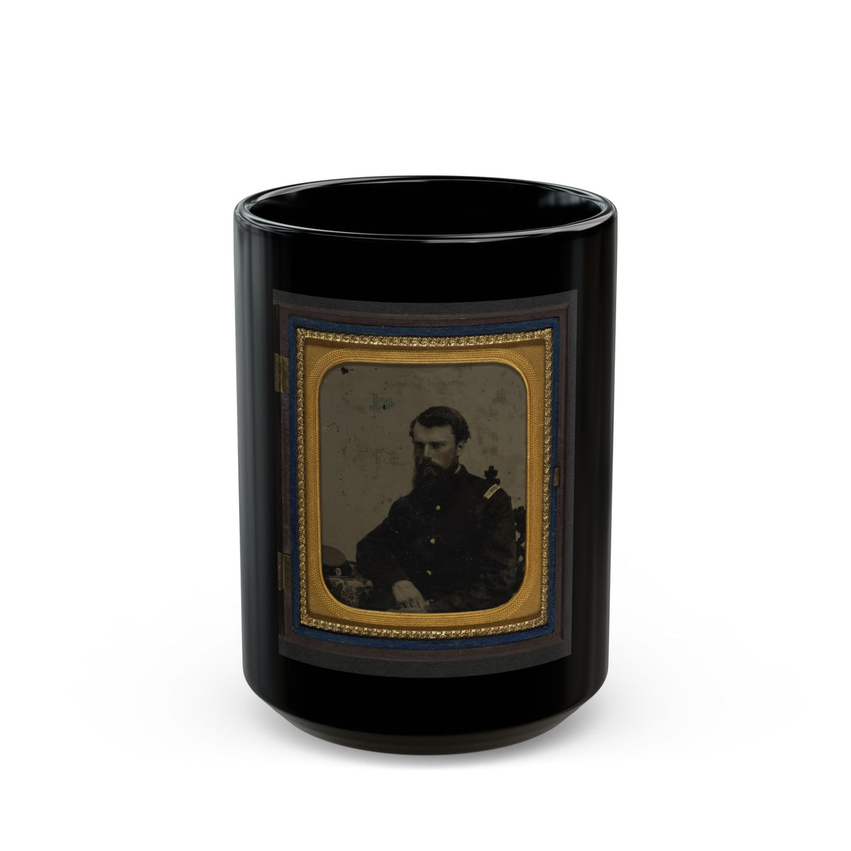 Unidentified Soldier In Union Captain Uniform Resting Arm On Table With Kepi On Top (U.S. Civil War) Black Coffee Mug
