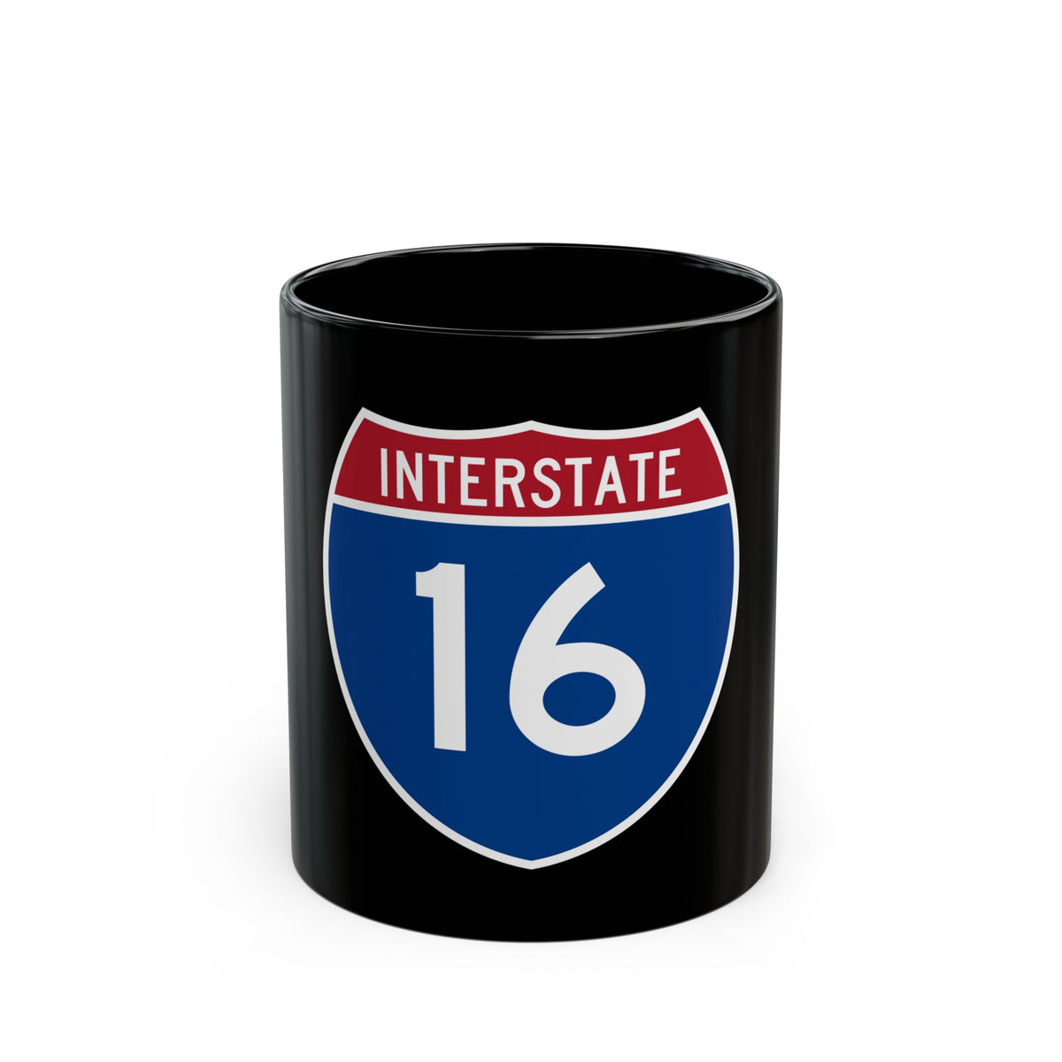 Blue and red Interstate highway shield reading INTERSTATE above the large white route number 16.