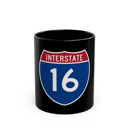 Blue and red Interstate highway shield reading INTERSTATE above the large white route number 16.