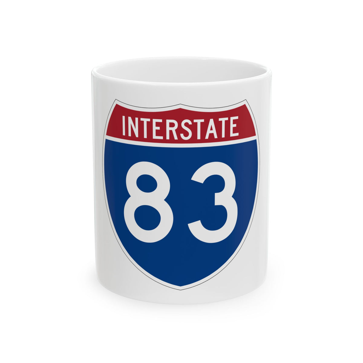 Flat vector US Interstate 83 route shield with a red top band reading INTERSTATE and white numerals 83 on navy.