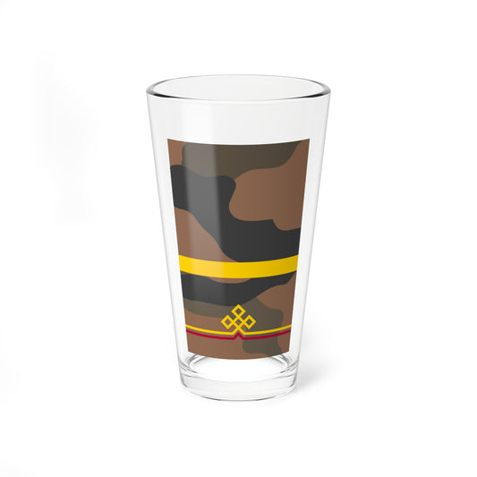 Brown, olive and charcoal camouflage with a gold diamond knot ornament above gold and red horizontal lines.