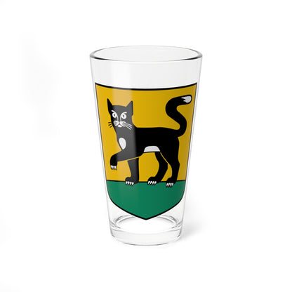 Black cat with white paws walking across a gold heraldic shield above a green base, in flat vector style.