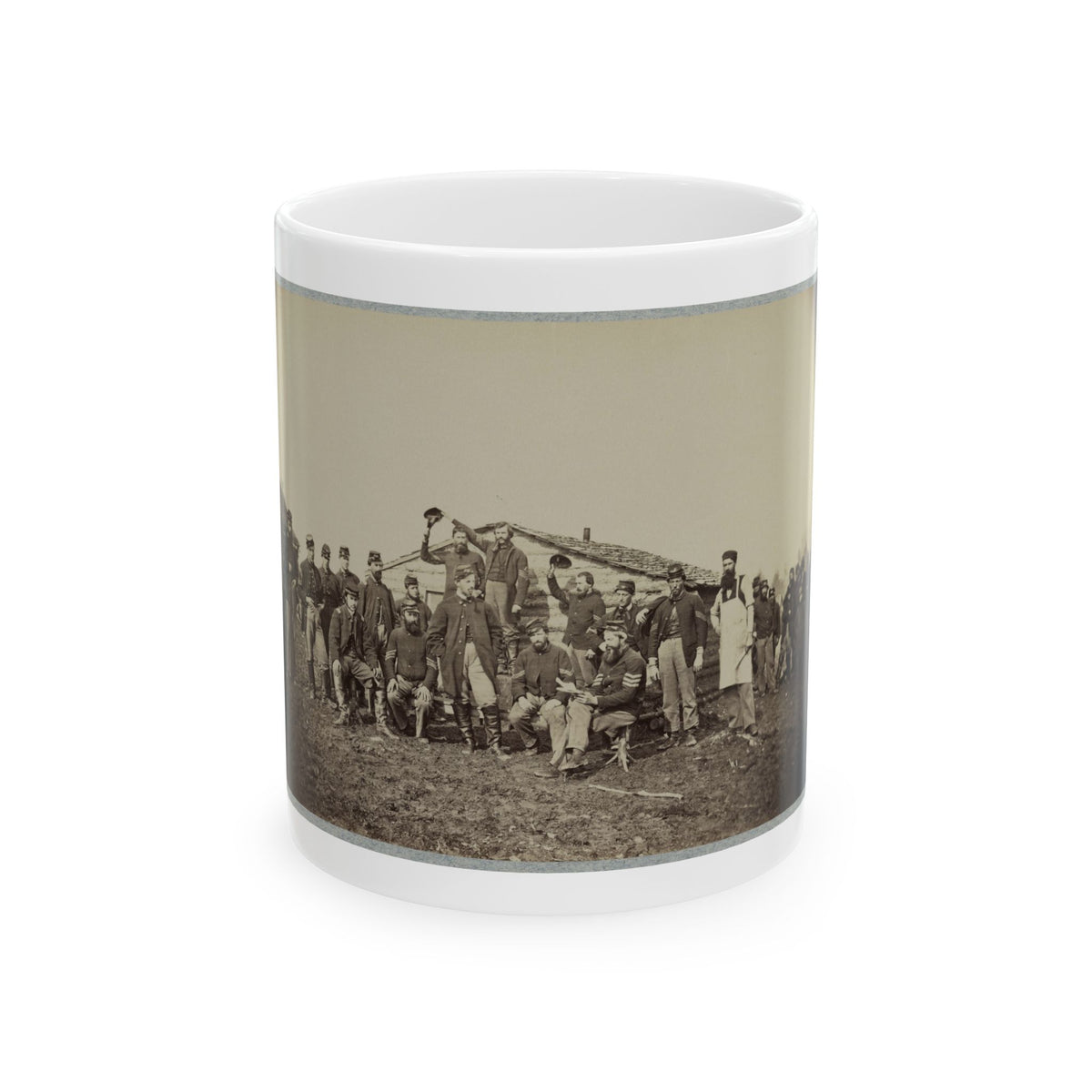 Group Of Soldiers Gathered Outside A Cabin (U.S. Civil War) White Coffee Mug
