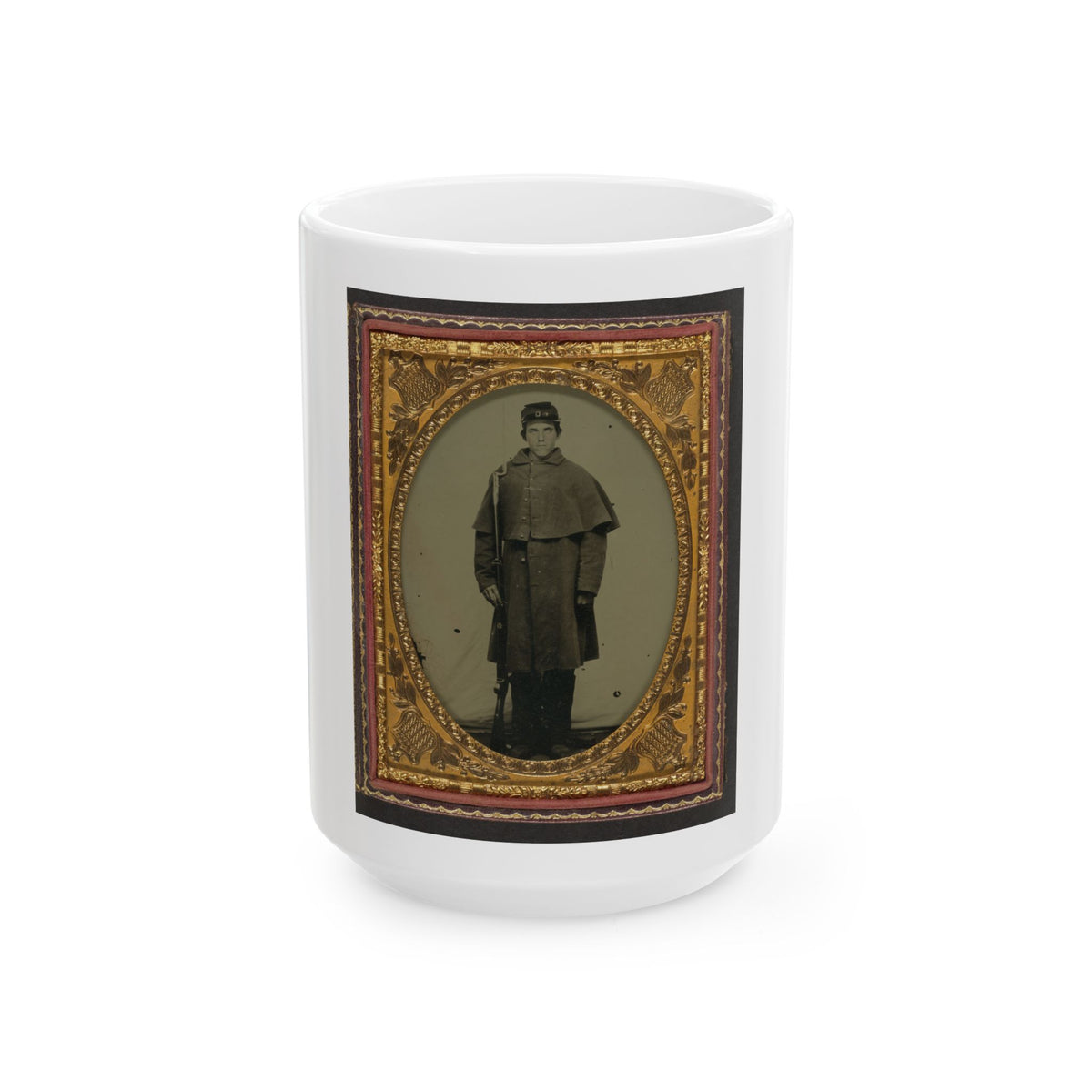 Unidentified Soldier In Union Greatcoat With Forage Hat Standing With Bayoneted Musket (U.S. Civil War) White Coffee Mug