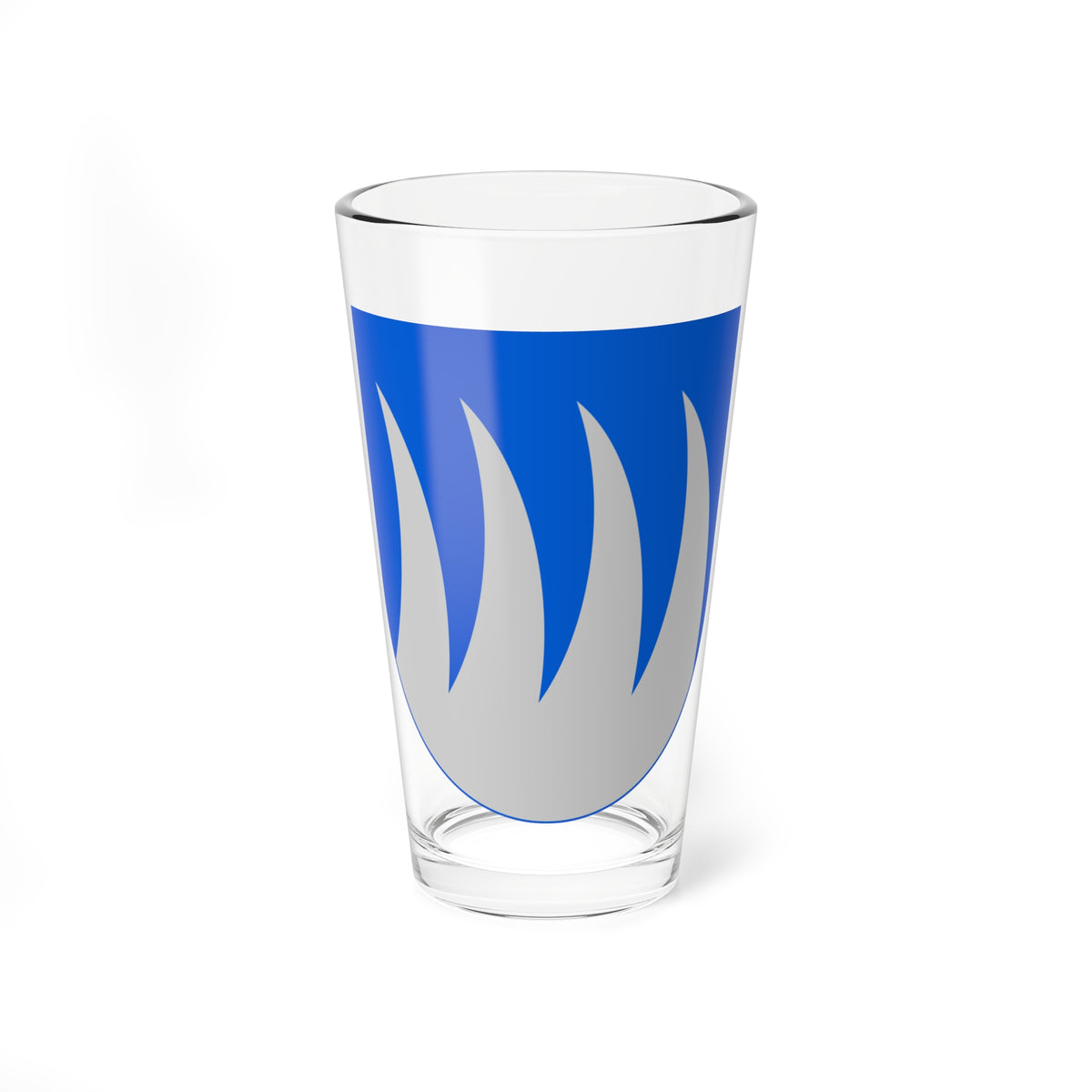 Blue heraldic shield with four tapering silver flame-like tongues rising from its base, in flat vector style.
