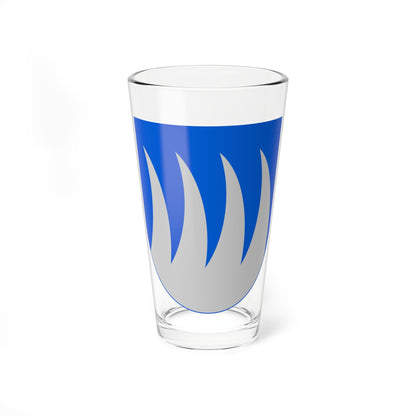 Blue heraldic shield with four tapering silver flame-like tongues rising from its base, in flat vector style.