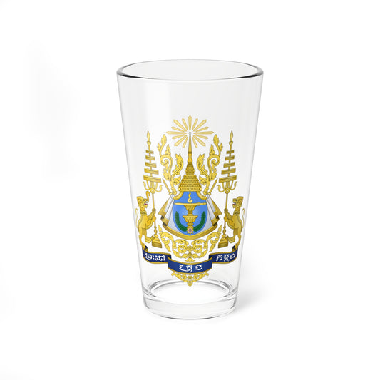 Ornate gold national emblem with two lions, a blue shield bearing a golden cup and laurel wreath, and blue banners.