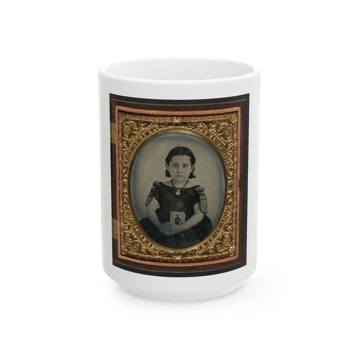 Unidentified Girl In Mourning Dress Holding Framed Photograph Of Her Father As A Cavalryman With Sword And Hardee Hat (U.S. Civil War) White Coffee Mug