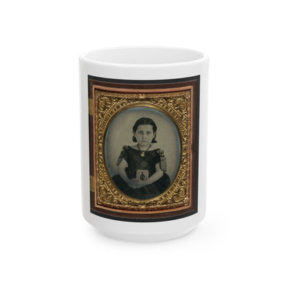 Unidentified Girl In Mourning Dress Holding Framed Photograph Of Her Father As A Cavalryman With Sword And Hardee Hat (U.S. Civil War) White Coffee Mug