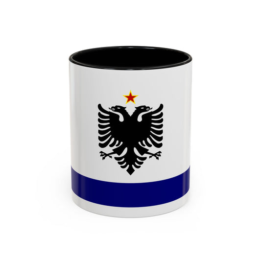 Black double-headed eagle beneath a small red star on a white field, with a navy band along the bottom edge.