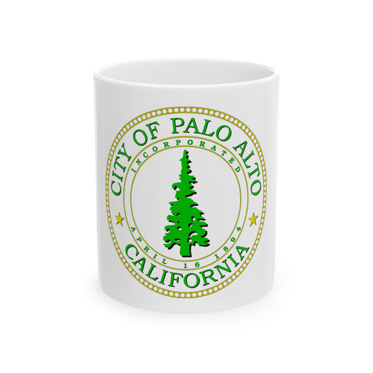 Green circular city seal of Palo Alto, California, with a conifer tree between rings and a yellow beaded border.