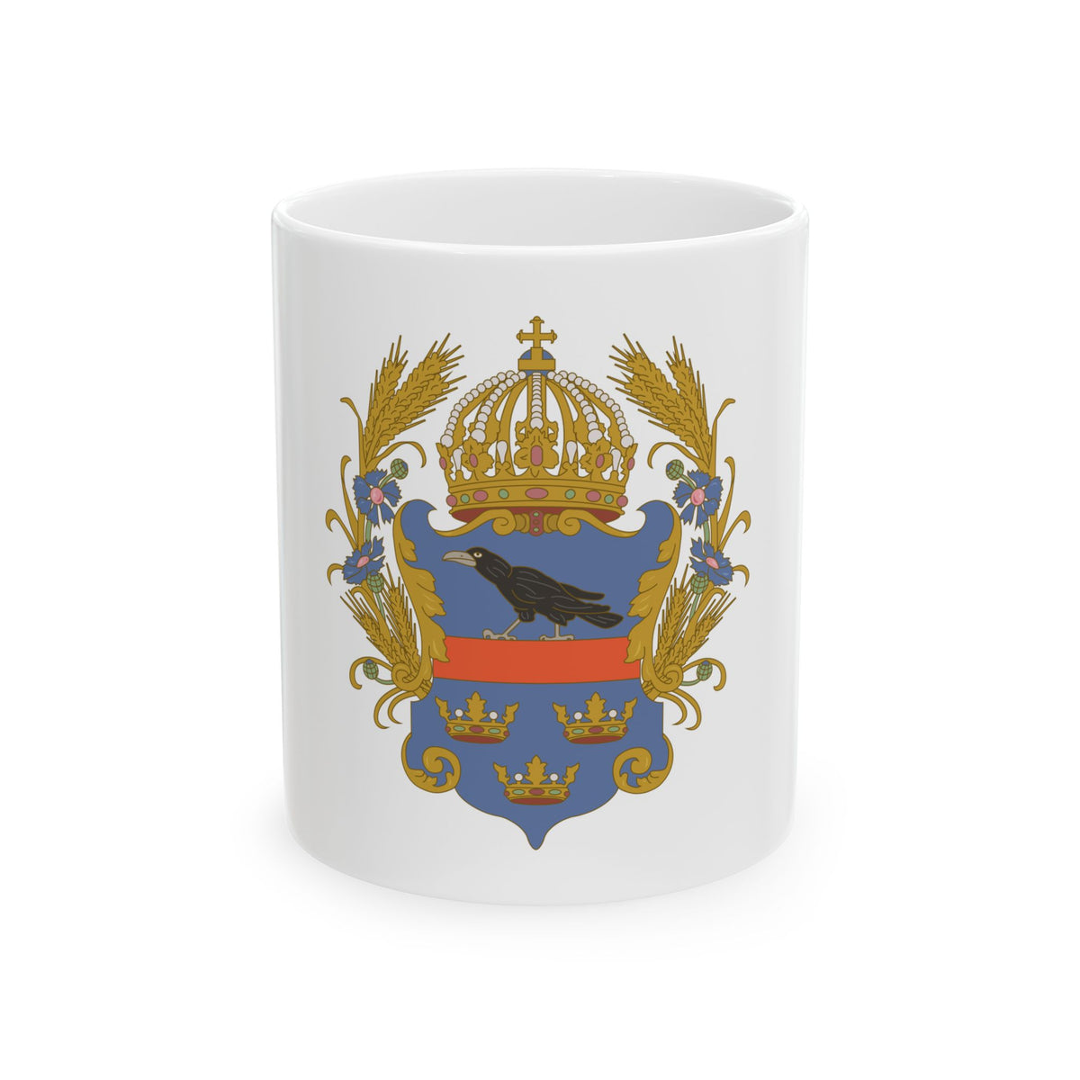 Heraldic coat of arms with a black raven on a red bar above three gold crowns on blue, framed by wheat and cornflowers.