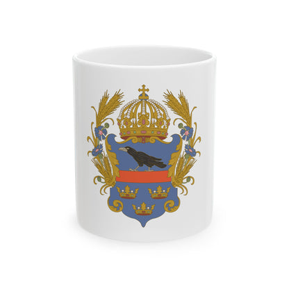 Heraldic coat of arms with a black raven on a red bar above three gold crowns on blue, framed by wheat and cornflowers.