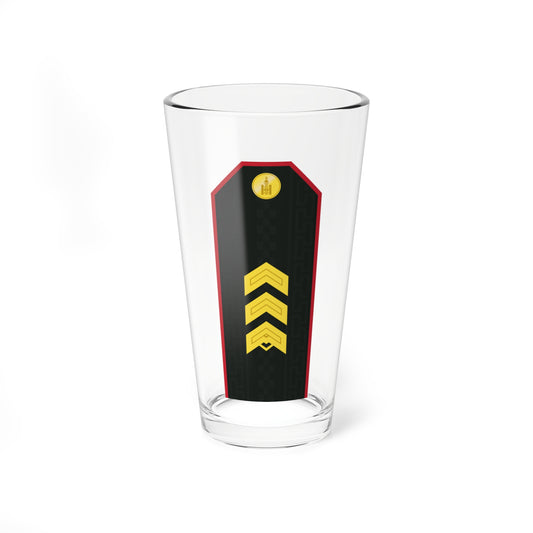 Black shoulder board with red border, faint Greek key pattern, gold round emblem near the top and three gold chevrons.
