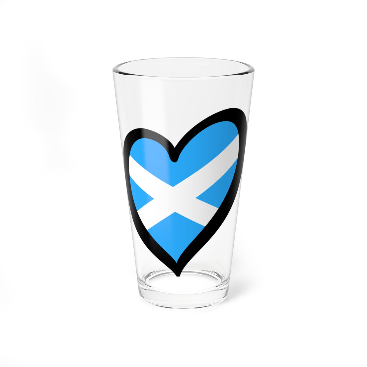 Black-outlined heart filled with pale blue and white Saltire, a simple flat vector Scottish flag motif.