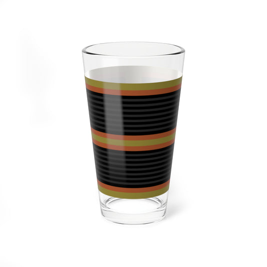 Two stacked ribbon bands with fine black and dark grey horizontal stripes, rust edges, on an olive ground.