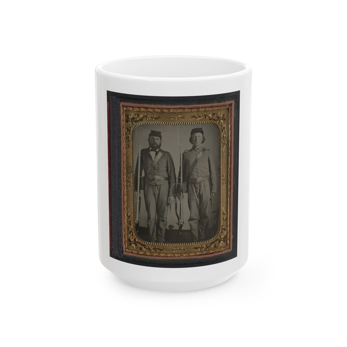 Two Unidentified Soldiers In Union Uniforms And Ohio Volunteer Belt Buckles With Bayoneted Muskets (U.S. Civil War) White Coffee Mug