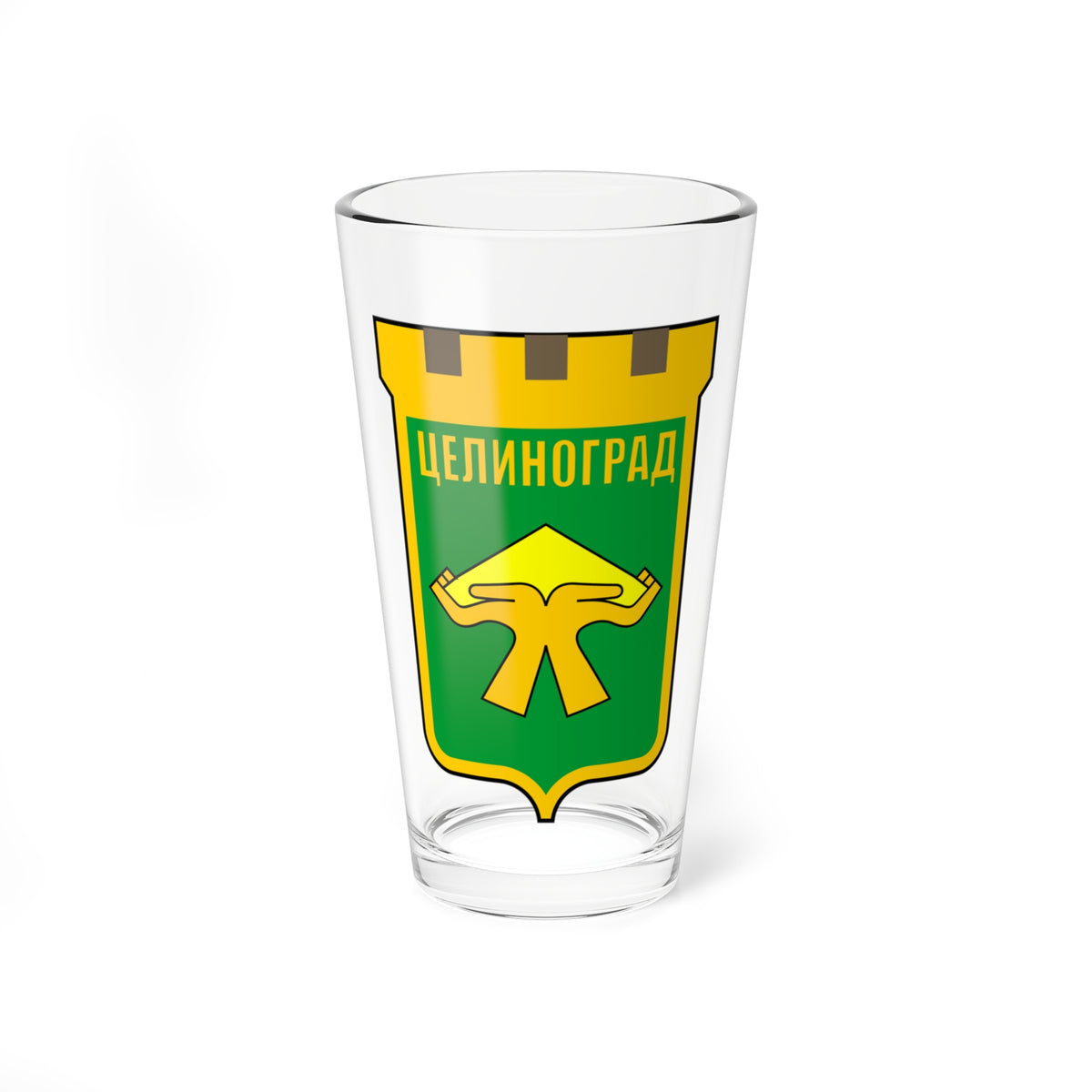 Heraldic shield with a gold border, battlements, green field and gold emblem, with yellow lettering in Cyrillic.