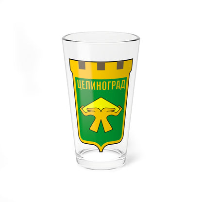 Heraldic shield with a gold border, battlements, green field and gold emblem, with yellow lettering in Cyrillic.