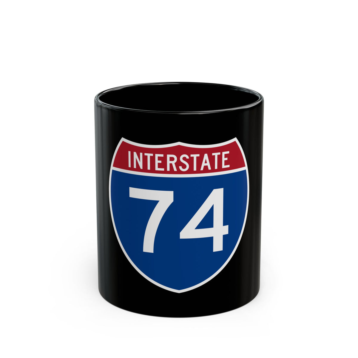 Flat vector US Interstate 74 highway shield with white INTERSTATE lettering above the number 74 on a navy blue field.