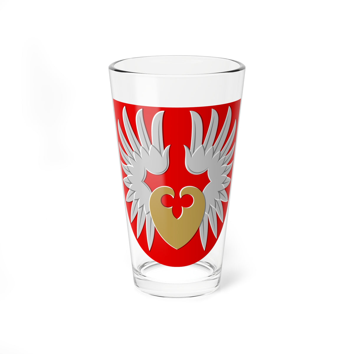 Red shield emblem with silver feathered wings spreading above a gold heart with a trefoil cut-out.
