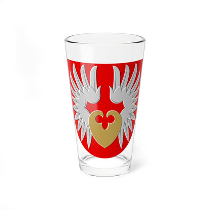 Red shield emblem with silver feathered wings spreading above a gold heart with a trefoil cut-out.