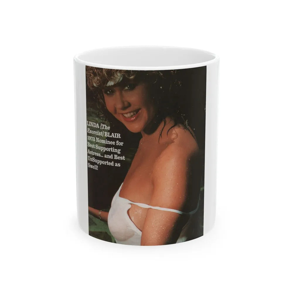 Linda Blair #340 - Circa 80's Magazine Clipping See through white wet top & one shoulder strap off (Vintage Female Icon) White Coffee Mug-11oz-Go Mug Yourself