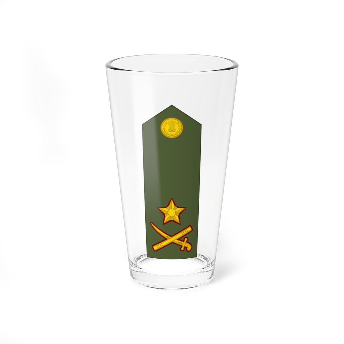 Olive green military shoulder board with a golden state emblem, a star and crossed swords below.