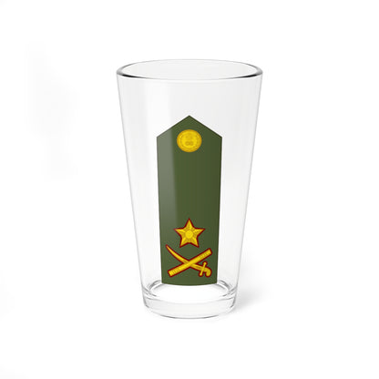 Olive green military shoulder board with a golden state emblem, a star and crossed swords below.