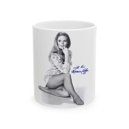 Veronica Carlson #10 - 8x10 B&W Glamour Full Body Dress & Stockings Shot #021 (Vintage Female Icon) White Coffee Mug-11oz-Go Mug Yourself