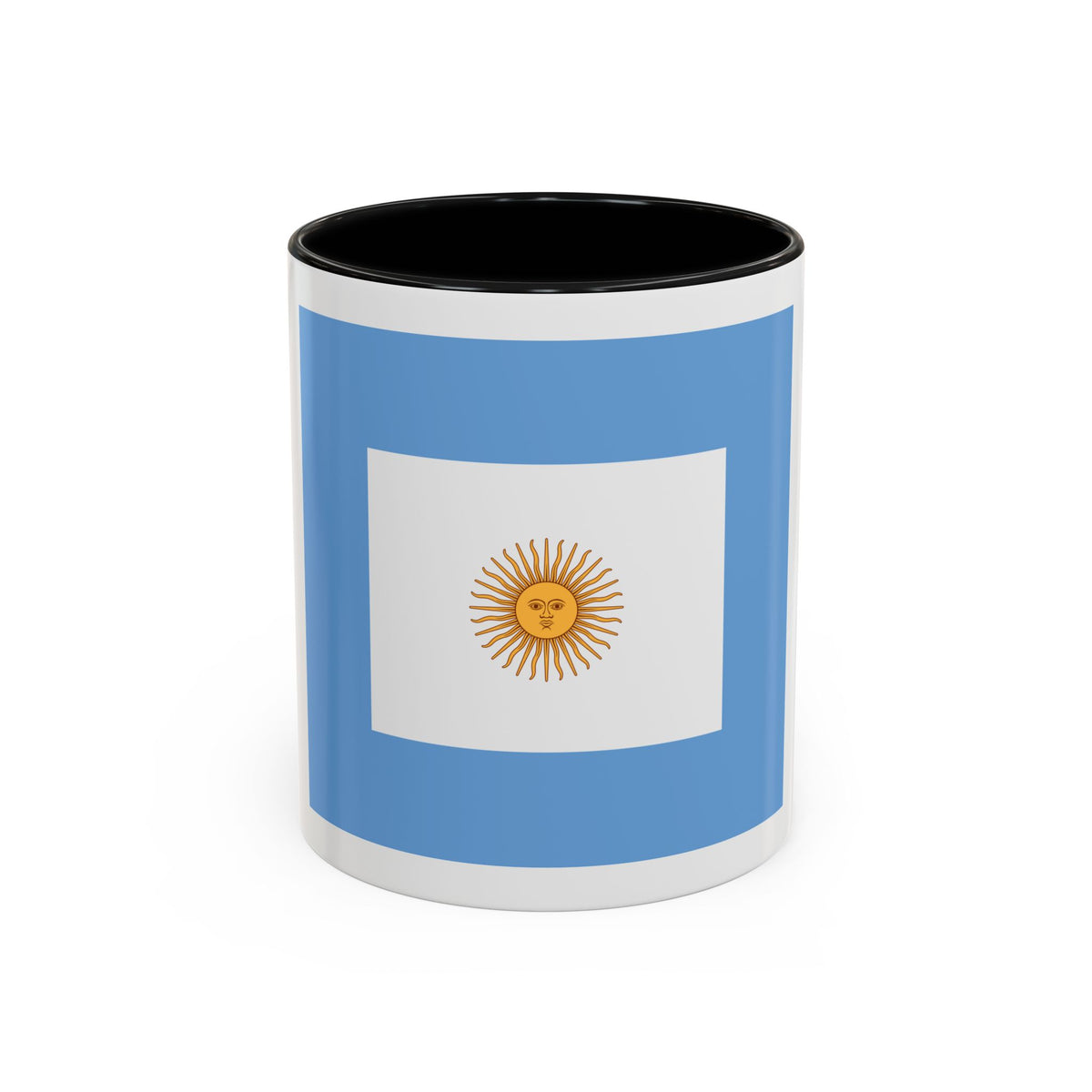 A golden sun with a face and wavy rays centred on a white rectangle within a sky-blue field.