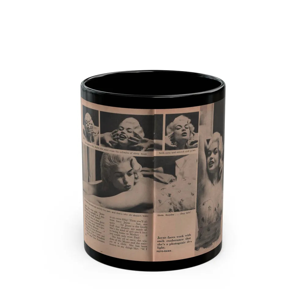 Jayne Mansfield #185 - 2 Pages, 4 B&W Photos, Captions & Article from Foto-rama Digest Mag. Dec. '56 (Vintage Female Icon) Black Coffee Mug-11oz-Go Mug Yourself