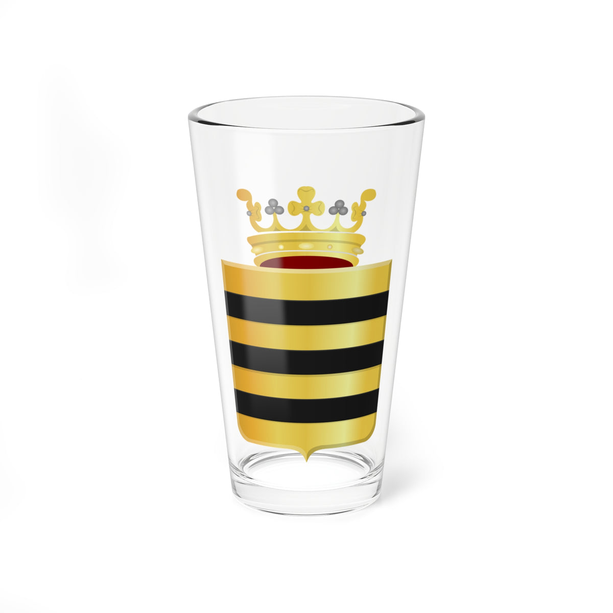 Gold heraldic shield with three black horizontal bars, topped by a gold crown with grey pearls.