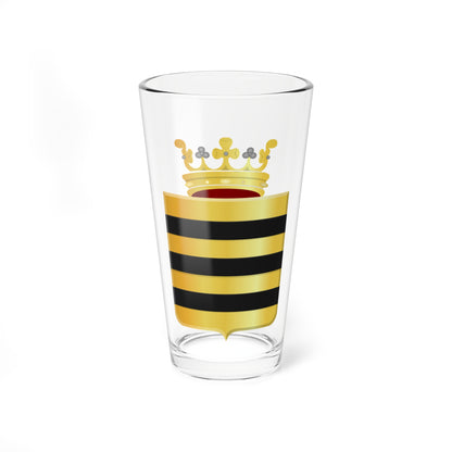 Gold heraldic shield with three black horizontal bars, topped by a gold crown with grey pearls.