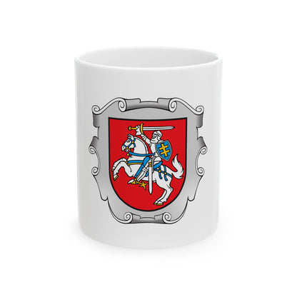 Heraldic knight on a rearing white horse, raising a sword, on a red field framed by a silver scrolled cartouche.