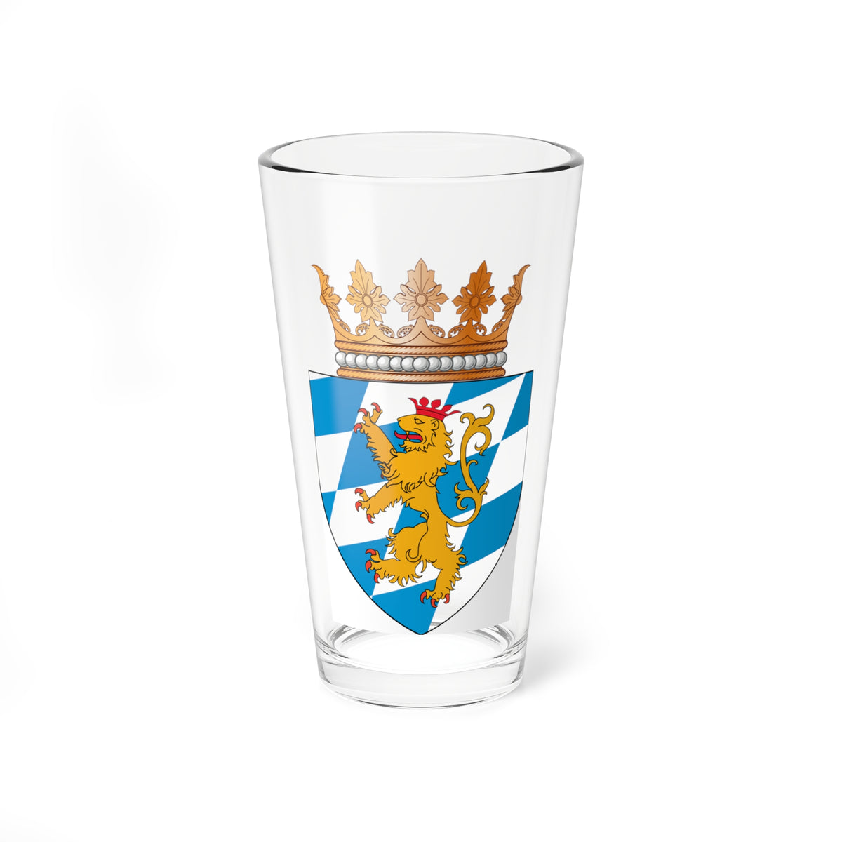 Flat vector shield of blue and white lozenges with a gold crowned lion, topped by a copper and pearled coronet.