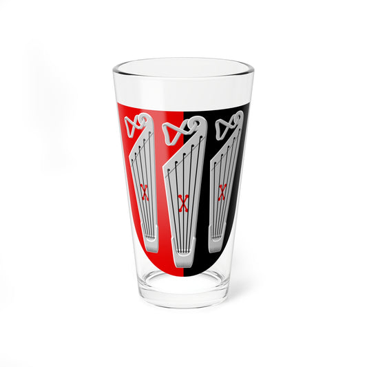 Red and black heraldic shield bearing three silver harps with black strings standing side by side.