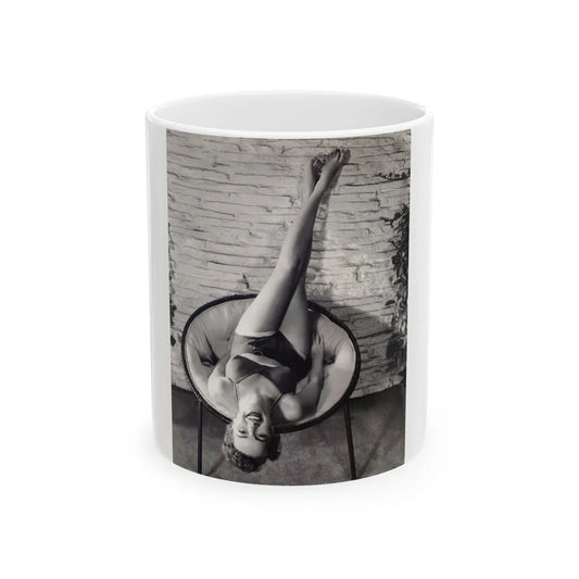 Terry Moore #711 - Vintage 1953 2-Piece B&W Full Body Barefoot Swimsuit Cheesecake Photo from 20th Century Fox Photo Shoot (Vintage Female Icon) White Coffee Mug-11oz-Go Mug Yourself