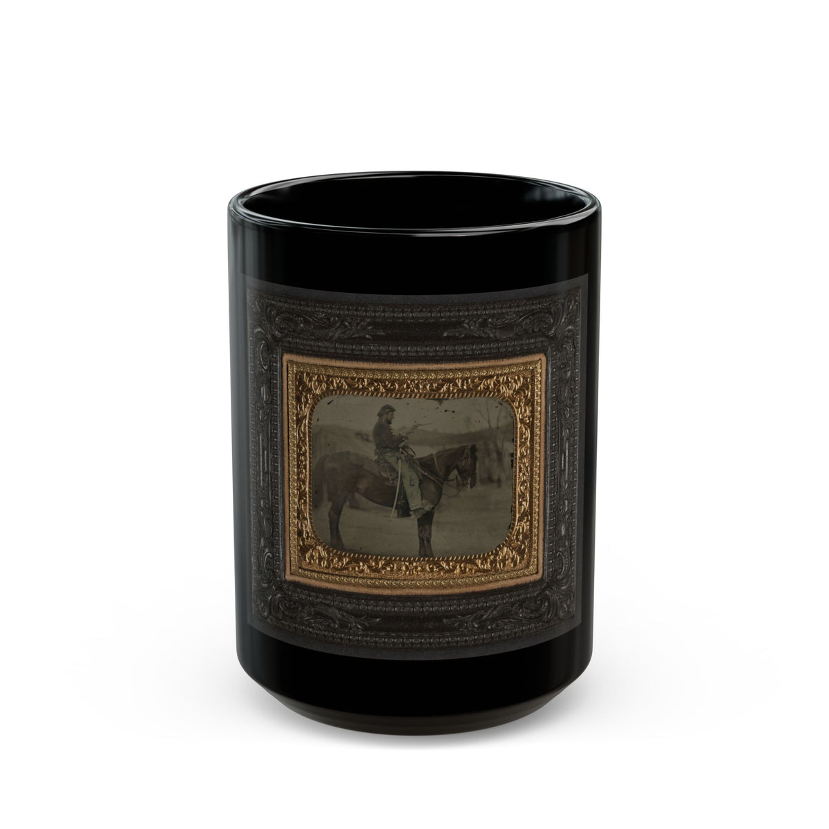 Unidentified Soldier In Union Uniform Sitting On Horse With Revolver And Saber (U.S. Civil War) Black Coffee Mug