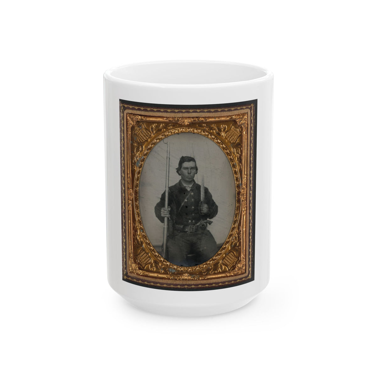 Unidentified Soldier In Confederate Uniform With D-Guard Bowie Knife, Musket, And Revolver (U.S. Civil War) White Coffee Mug