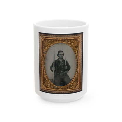 Unidentified Soldier In Confederate Uniform With D-Guard Bowie Knife, Musket, And Revolver (U.S. Civil War) White Coffee Mug