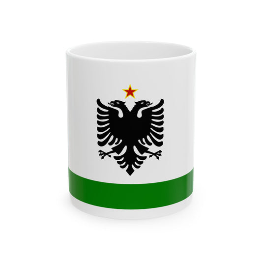 White flag with a black double-headed eagle, a red star with yellow outline above it and a green base band.