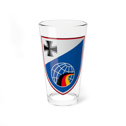 Diagonally split grey and blue shield with a black Iron Cross and a white-lined globe under a black-red-gold swoosh.