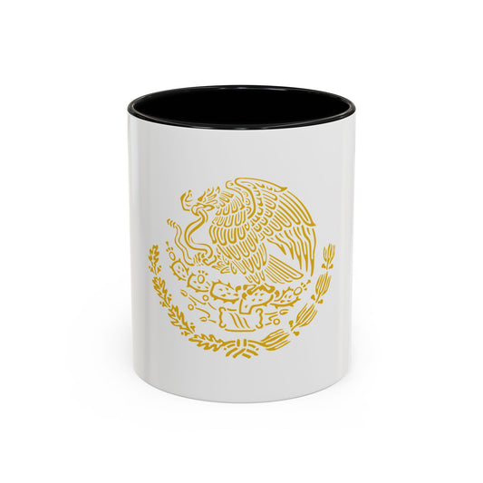 Gold line-art national emblem of an eagle with spread wings, a serpent, and cactus and branches in a circle.