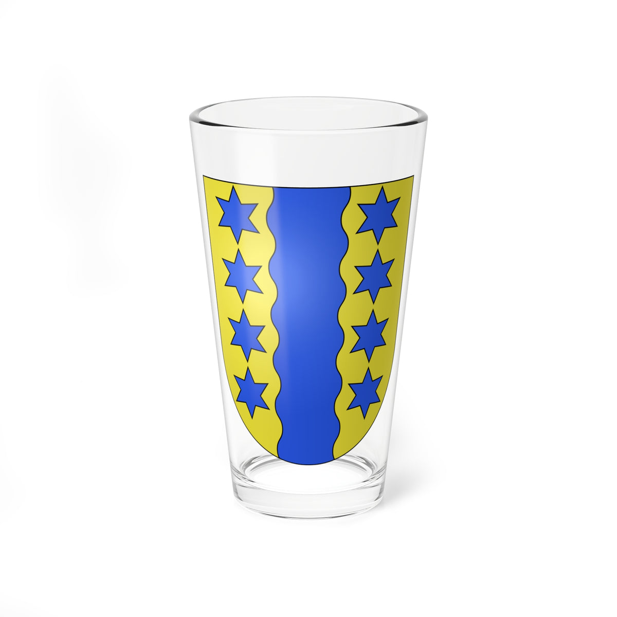 Yellow heraldic shield with a central wavy blue band and eight blue six-pointed stars, in flat vector style.