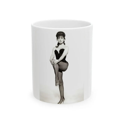 Jennifer Jayne #01 - B&W 7x9 Full Body Lingerie & Fishnet Stockings & open heels Photo (Vintage Female Icon) White Coffee Mug-11oz-Go Mug Yourself